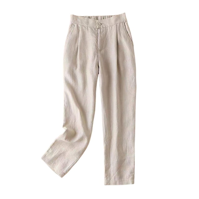 Timegard Cotton Linen Pants for Women Elastic High Waisted Button Ruched Casual Trousers with Pockets. These beige trousers feature a high-waisted design with an elastic waistband and button closure, offering a comfortable and flattering fit. Made from a blend of 95% polyester and 5% spandex, the fabric is lightweight, breathable, and soft, ideal for spring and summer wear. The pants include side pockets and a ruched detail for added style. Suitable for casual outings or lounging, they can be paired with a relaxed tee or cardigan for a chic look.