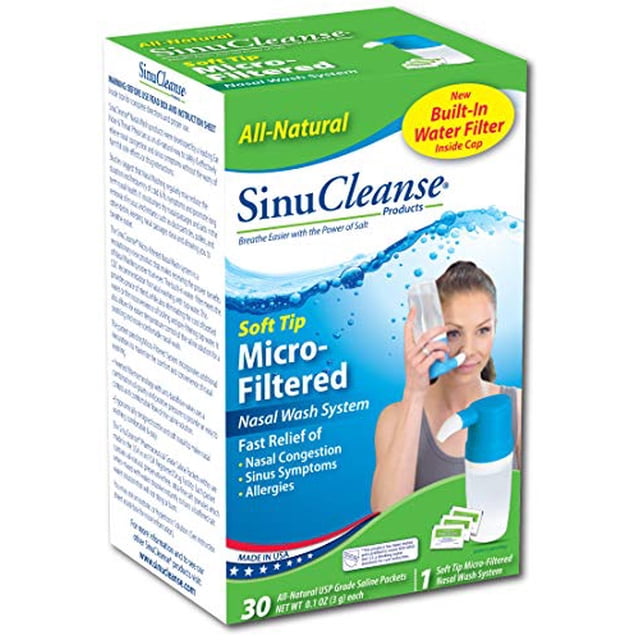 SinuCleanse Micro Filtered Nasal Wash System packaging with 30 saline packets and a built-in water filter for sinus and nasal irrigation. Designed for nasal rinse and sinus cleanse, it features a soft comfort tip, BPA and latex-free materials, and pharmaceutical-grade saline for effective nasal relief.