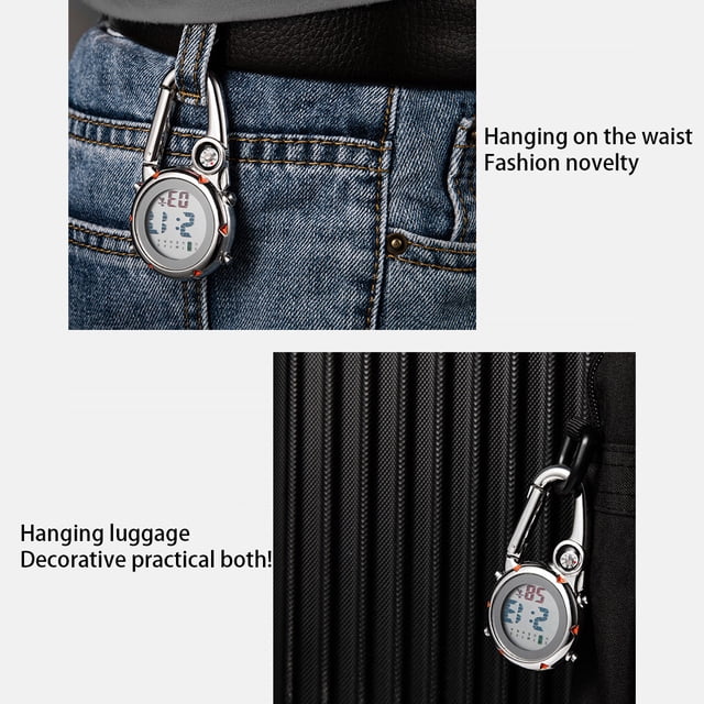 pitrice Digital Carabiner Clip Watches Hook Clock Luminous Multi-function Fob Nurse Watch Compasses Week Clocks Hospital Black