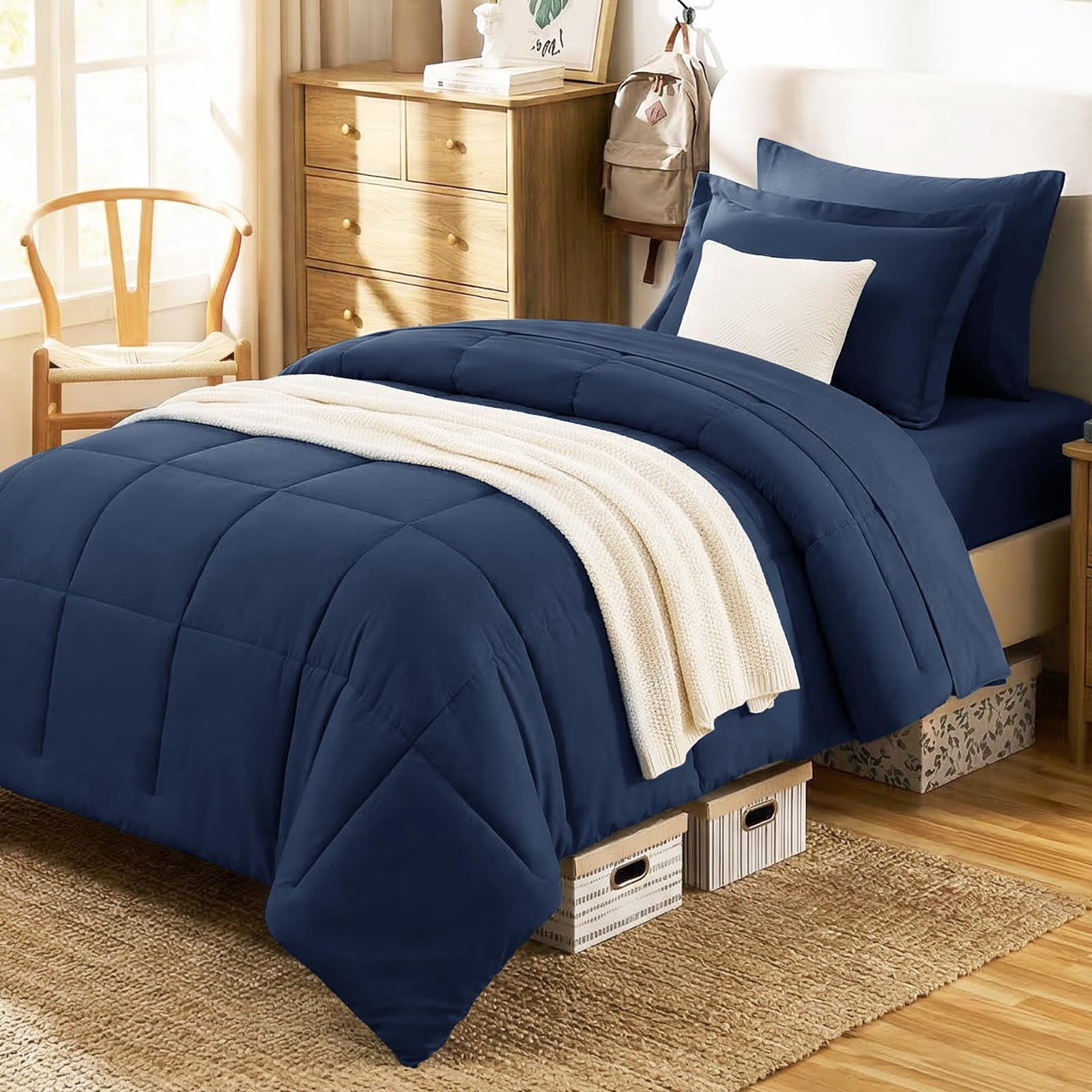 CozyLux Twin XL Comforter Set Navy Blue - 5 Pieces Twin XL Bed in a Bag Set Soft Bedding Sets Bed Set Extra Long for All Season with Comforter Flat Sheets Fitted Sheet Pillowcase &Pillow Sham