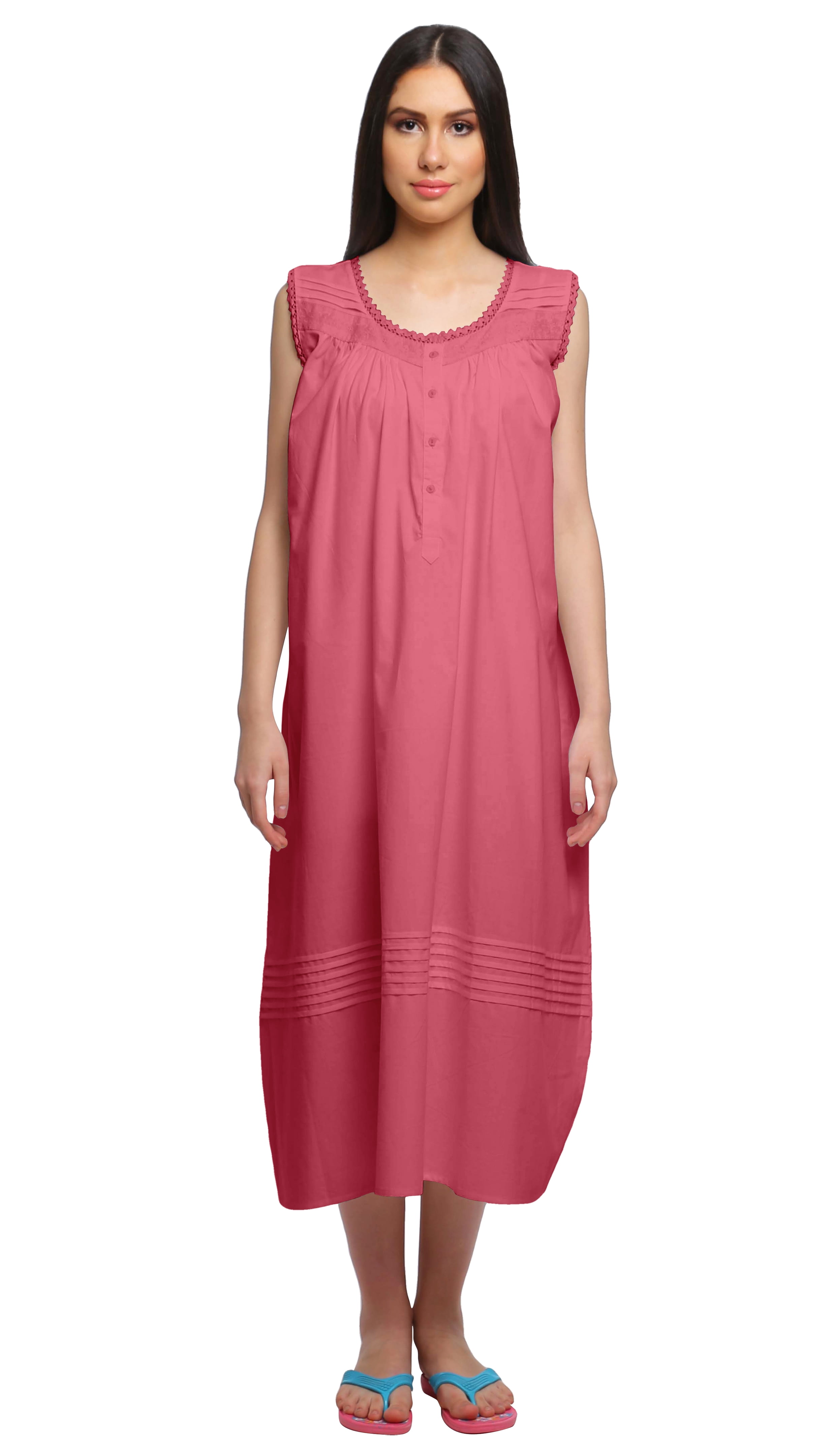 Moomaya Womens Lace Border Sleepwear For Ladies Button Placket Nightdress