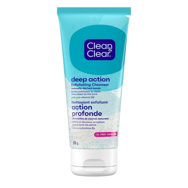 Clean & Clear Nettoyant Exfoliant Sans Huile Deep Action avec Pro-Vitamine B5 en tube Bleu Pâle de 198 Grammes Contenant des Billes Exfoliantes d'Origine Naturelle Sans Plastique, Nettoyage en Douceur et en Profondeur des pores pour une Peau Douce, Lisse et Hydratée, Convient à l'Usage Quotidien en Soins du Visage.