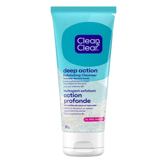 Clean & Clear Oil-Free Deep Action Exfoliating Cleanser with Pro-Vitamin B5, Gentle Exfoliating Daily Face Wash Cleans Deep for Soft, Smooth, Hydrated Skin, Paraben-Free