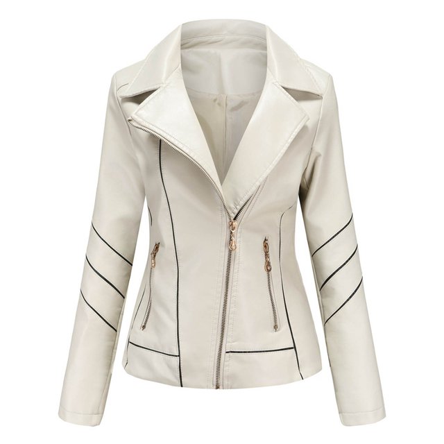 Qertyioot Womens Leather Jacket New Slim Stand-Up Collar Zipper Stitching Solid Color