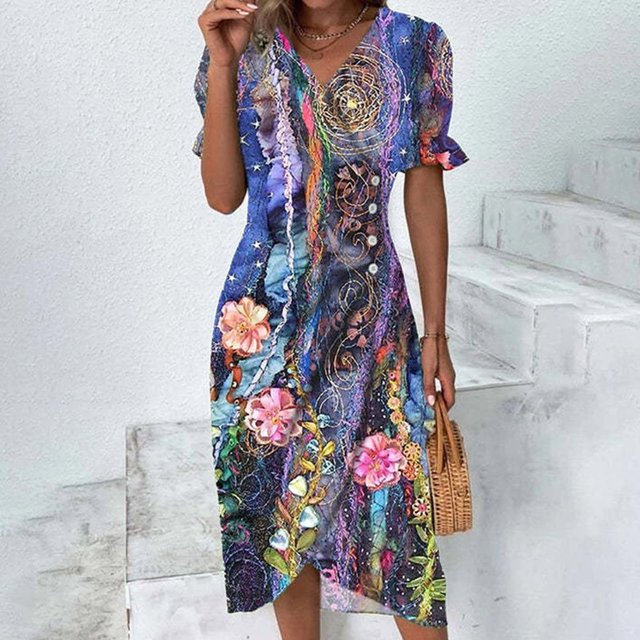 FcBaudy Robe à Manches Courtes Col en V, Robes d'Été pour Femmes, Robes d'Été pour Femmes Imprimé Floral Ourlet Irrégulier Robe Col en V Manches Courtes Robe Boutonnée Robe Femme