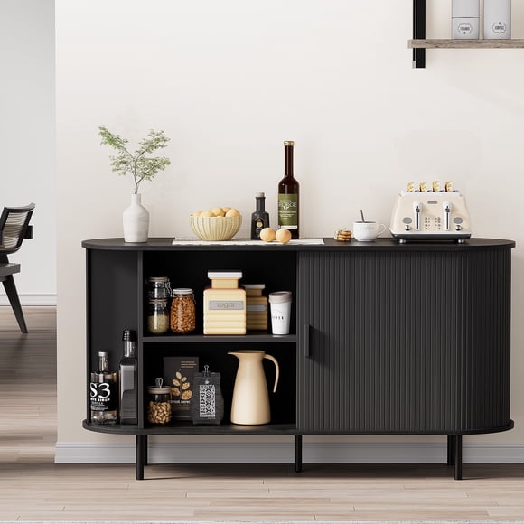 MARNUR Sideboard Buffet Cabinet 55" Storage Cabinet with 2 Sliding Tambour Doors, Adjustable Shelves for Kitchen Office Bedroom Hallway Entryway, Black
