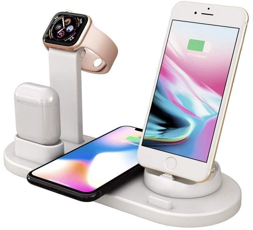 4-In-1 Charger Stand Wireless Charging Station for Multiple Devices 3-in-1 Rotating Plug Multi-Device Charger for Apple Product iPhone Se 2020/11/11 /XS/8 Samsung S20 AirPods iWatch (White)