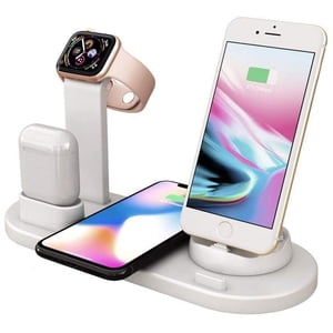 4-In-1 Charger Stand Wireless Charging Station for Multiple Devices 3-in-1 Rotating Plug Multi-Device Charger for Apple Product iPhone Se 2020/11/11 /XS/8 Samsung S20 AirPods iWatch (White)