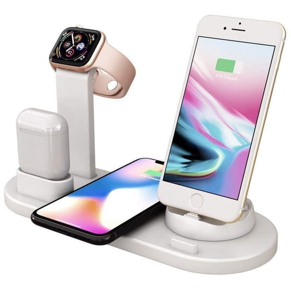 4-In-1 Charger Stand Wireless Charging Station for Multiple Devices 3-in-1 Rotating Plug Multi-Device Charger for Apple Product iPhone Se 2020/11/11 /XS/8 Samsung S20 AirPods iWatch (White)