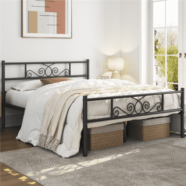 Yaheetech Graceful Scroll Metal Platform Bed with Headboard and Footboard, Full, Black