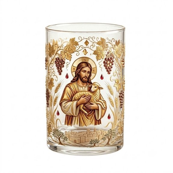 Tasses le Verre à Vin Sans Pied Verre Religieux Tasse avec Agneau Raisin Art Doré Cadeau Catholique Inspirant pour Communion Baptême