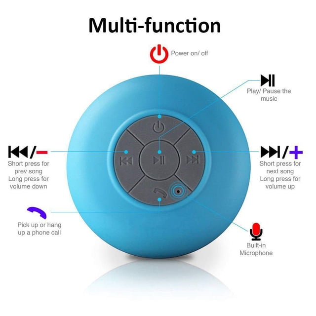 Mini Enceinte Bluetooth Étanche, Enceinte Bluetooth 3.0, Enceinte Portable Mains Libres avec Micro Intégré, Boutons de Contrôle Ventouse Dédiée Douche & Extérieur, Bleu