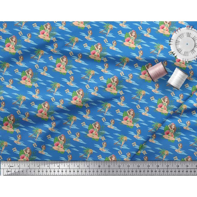 Soimoi Blue Velvet Fabric Palm Tree & Girl Beach Print Sewing Fabric Yard 58 Inch Wide