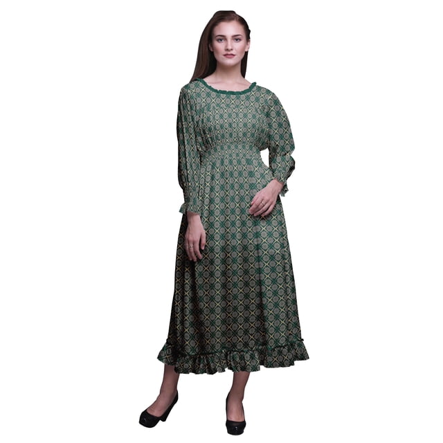 Bimba Robe Longue Décontractée à Volants pour Femmes, Géométrique, Imprimée, Taille Smockée - Petit