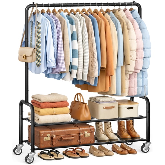 AOODA Heavy Duty Clothes Rack with Shelves, 46.5'' Metal Rolling Clothing Racks for Hanging Clothes, Wardrobe Garment Rack with Lockable Wheels for Coats, Shirts, Shoe Boxes (Blac