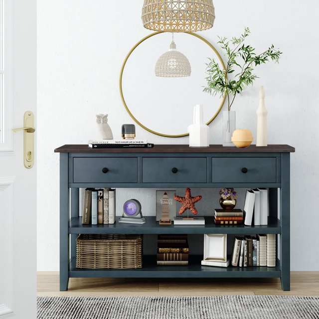 MODERNLUXE 50" Console Table,Retro Storage Sofa Table with 3 Drawers, Open Shelves and Wood Frame for Living Room, Navy