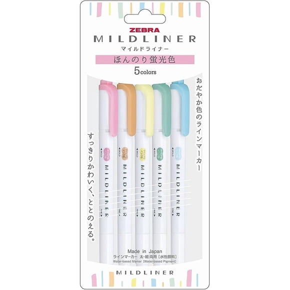 Zebra WKT7-5C-N Ensemble d'Illuminateurs, Mildliner, 5 Couleurs Fluorescentes Légères