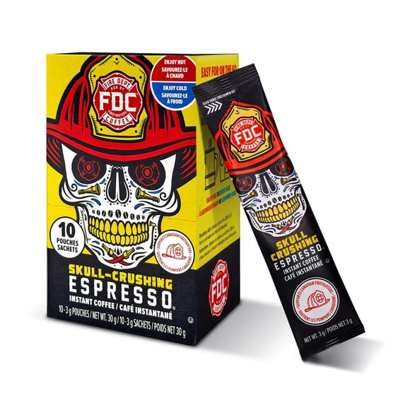 Fire Department Coffee, Skull-Crushing Instant Espresso, Instant Coffee Packets, Pack of 10