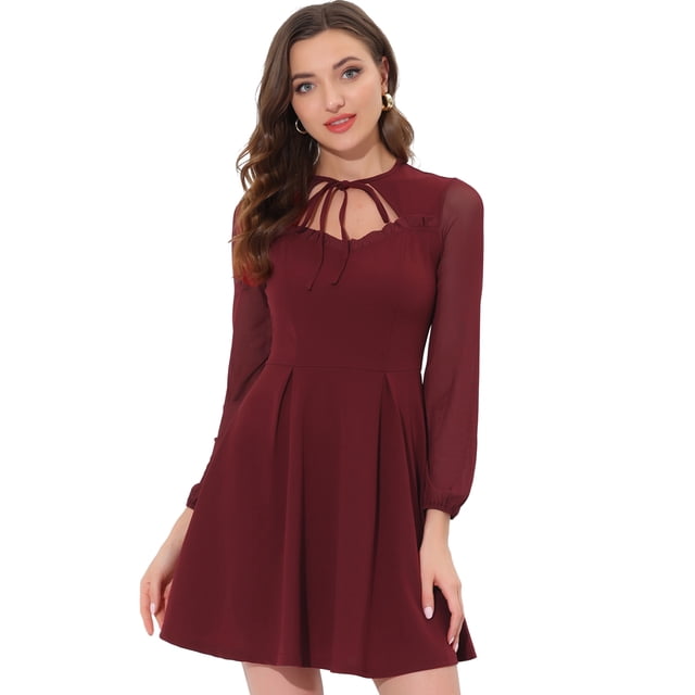 INSPIRE CHIC Robe Courte à Manches Longues en Maille à Volants à Col Noué pour Femme Rouge Vin TG