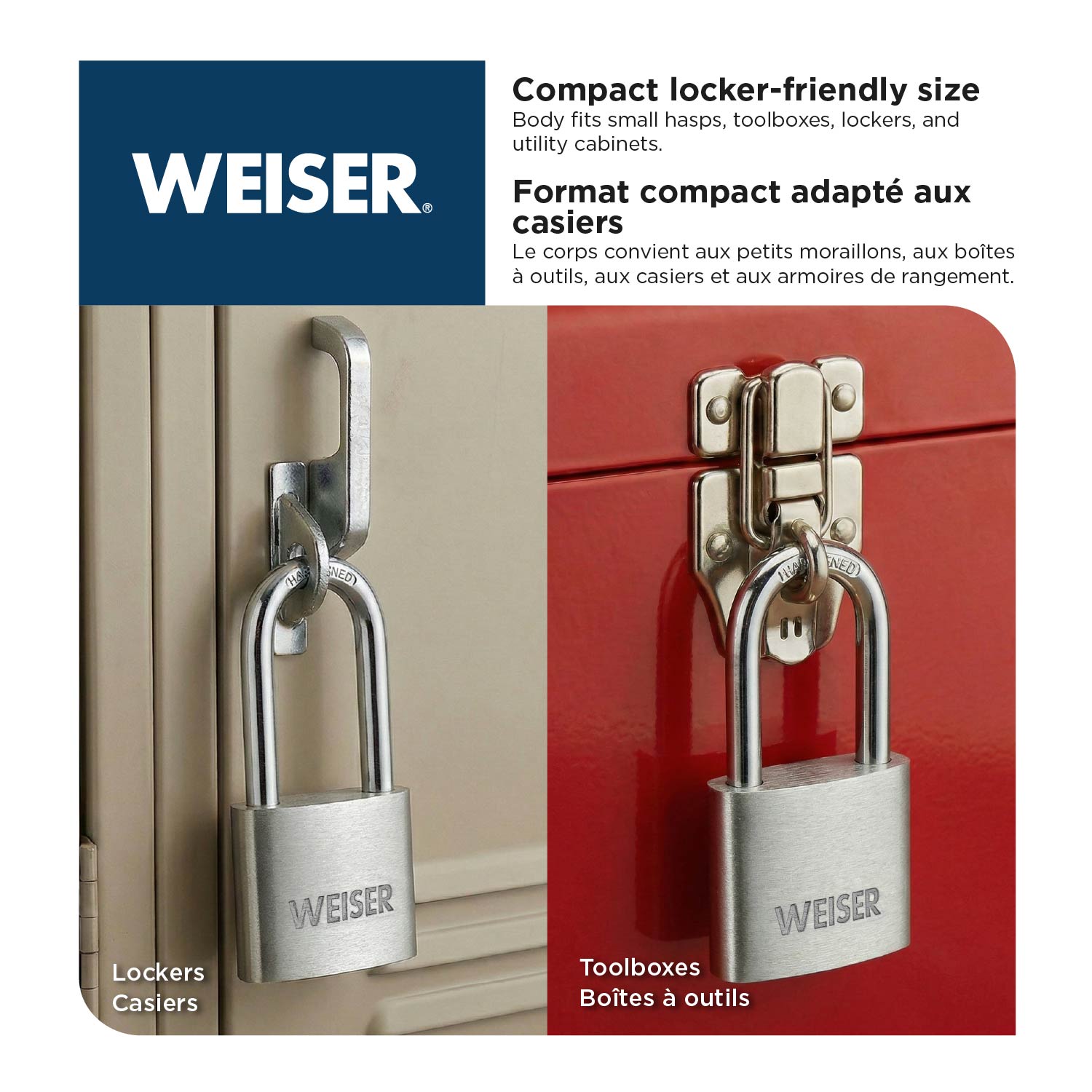Cadenas Weiser en aluminium avec clé et anse en acier trempé, pour usage intérieur et extérieur, idéal pour le rangement. Corps de 40 mm (1-9/16 po), anse de 22 mm (7/8 po).