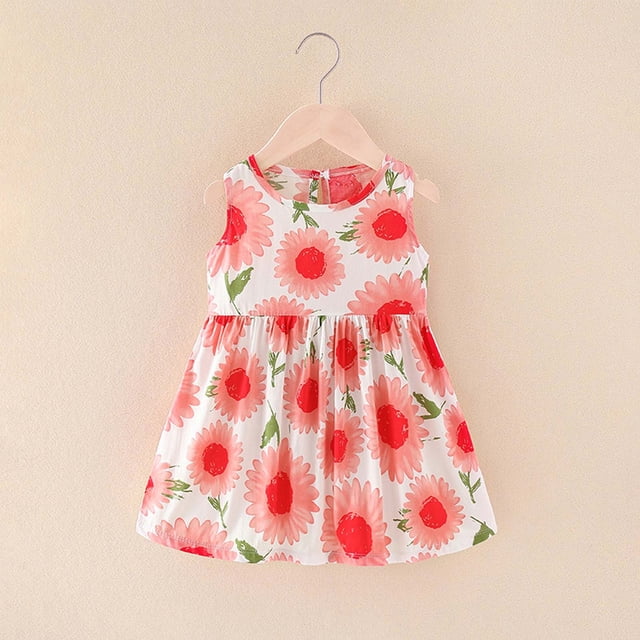 LSLJS Robe d'Été Fleurie pour Bébé Fille Sans Manches à Imprimé Graphique Robe de Plage Tout-Petit Princess Dress Tenue une-Pièce Décontractée ( 4-5 Ans, Rouge )