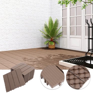 KALLORY 11Pc Coffee Plastic Interlocking Deck Tiles Outdoor Patio and Garden Flooring with Easy Installation