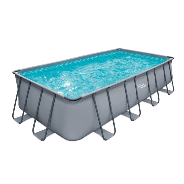 SUMMER WAVES 18FT ELITE RECTANGULAR FRAME POOL with grey exterior and bright blue water, supported by ultra-strong oval metal tubes, includes a filter pump and pool cover, designed as an above-ground outdoor pool accommodating 8-9 people, suitable for backyard swimming and recreation.