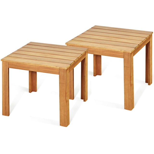 Gymax Ensemble de 2 tables d'Appoint Carrées en Bois pour Patio, Table de Café Bistro Intérieur Extérieur Naturel. Ensemble de Deux tables d'Appoint Carrées en Bois d'Acacia avec Dessus à Lattes et Pieds Robustes, Fini dans un Ton Naturel. Conçu pour une Utilisation Intérieure et Extérieure, Idéal comme tables d'Accent pour patios, Jardins, Salons Ou au Bord de la Piscine. Comprend un Vernis Imperméable et Résistant aux Égratignures pour la Durabilité.