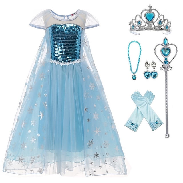 HAWEE Robe de Costume de Princesse Elsa à Paillettes pour Filles Reine des Neiges avec Accessoires