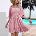 thumbnail image 4 of AherBiu Boho Dresses for Women 3/4 Sleeve Square Neck Ruched Ruffle Summer Beach Cute Mini Dress, 4 of 7