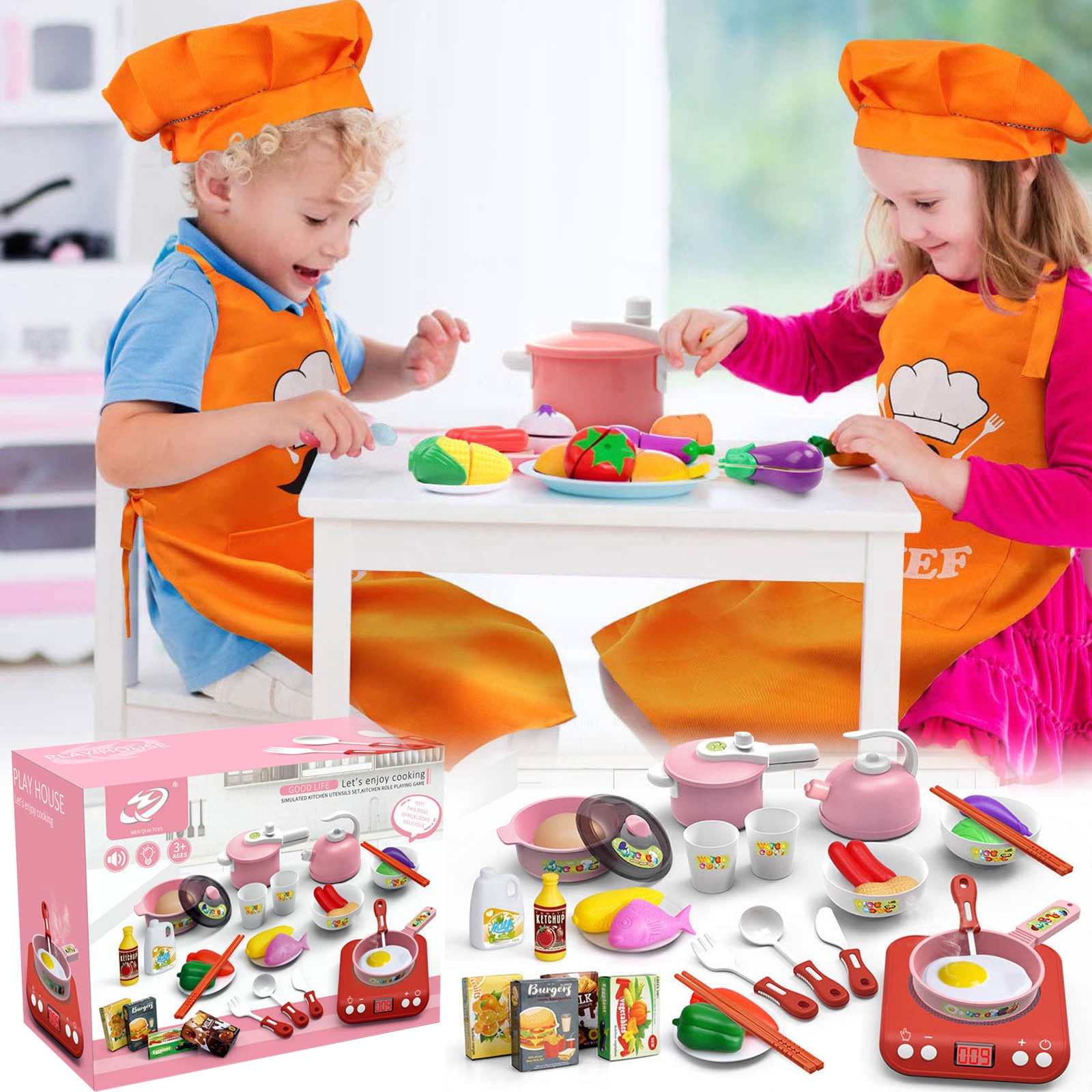 Children Kitchen Toy Set Pretend Play Stove Pot Spoon Vegetable Fruit Storage Chef Role Cooking Accessories9.45x6.69x4.65 inch