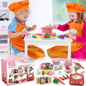Ensemble de jouets de cuisine pour enfants - Cuisine de jeu réaliste avec pot de poêle légumes cuillères Fruits Entreposage et Chef Rôle Jouer Kit de cuisine