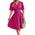 thumbnail image 2 of Women'S Dress Summer Deep V Neck Elegant Ruffle Mini Dress Waist Dresses Rose Red M, 2 of 10
