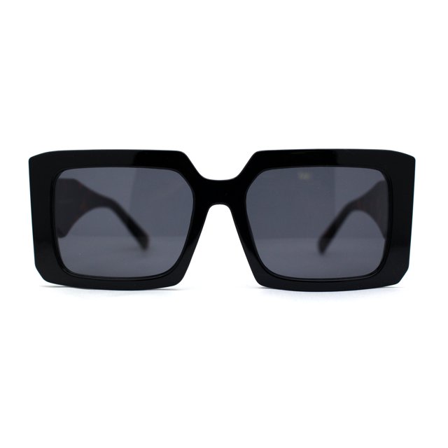 Womens Mod Designer Square Rectangle Fashion Sunglasses in black with a bold geometric design. These sunglasses feature a premium plastic frame with thick arms for a modern, edgy look. Equipped with 100% UV400 polycarbonate lenses for sun protection. Dimensions include a lens width of 55mm, lens height of 43mm, bridge width of 17mm, and temple length of 143mm.