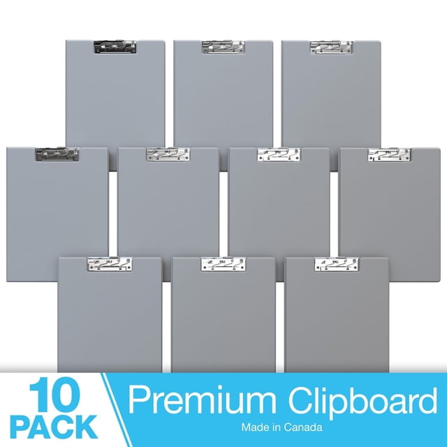 Davis Group Essential Clipboards in grey, shown as a 10-pack with front-facing metal clips and smooth PVC-free polypropylene surfaces. Each clipboard includes clear interior pockets for securing loose documents and is made in Canada, ideal for presentations, reports, and manuals.