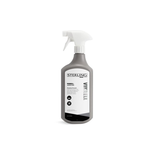 Kohler K-EC23733-NA Sterling Vikrell Cleaner in a 28 fl oz spray bottle. Designed to clean and remove soap scum, grease, lime, and heavy soil, this bathroom cleaner restores Sterling Vikrell surfaces to their original luster. Suitable for acrylic, tile, enameled cast iron, Lithocast solid surface, Luxstone, and KOHLER Choreograph surfaces. The bottle features a grey body with a white trigger spray nozzle and a clear label displaying product details.