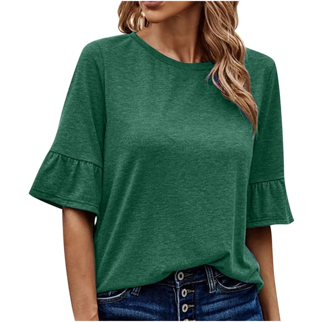 Pompotops Blouse d'Été Décontractée pour Femme à Manches Trois-Quarts, Col Rond, Hauts Unis, T-Shirt en Solde