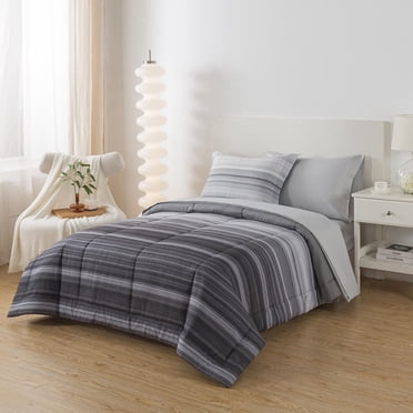 Mainstays all in one reversible comforter and sheet Set, 5-Piece, Twinxl, Gray Stripe