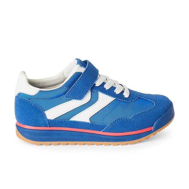 George Boys' Sneakers in blue with white accents, wide width and round toe, featuring a faux leather and polyester upper, slip-on style with lace-up and hook and loop strap closures, and a rubber outsole with gum tread and red midsole stripe, suitable for casual or sporty wear and active play.