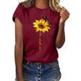 thumbnail image 3 of Blouse Été Manches Courtes T-shirt Imprimé Tournesol Blouse Femmes T-shirt Imprimé Tournesol Femmes Col Rond Top, Rouge Vin, XL, 3 of 5