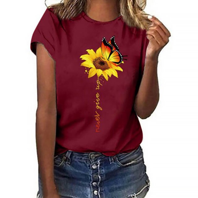 Blouse Été Manches Courtes T-shirt Tournesol Blouse Tournesol Imprimé Col Rond Top, Rouge Vin, XL