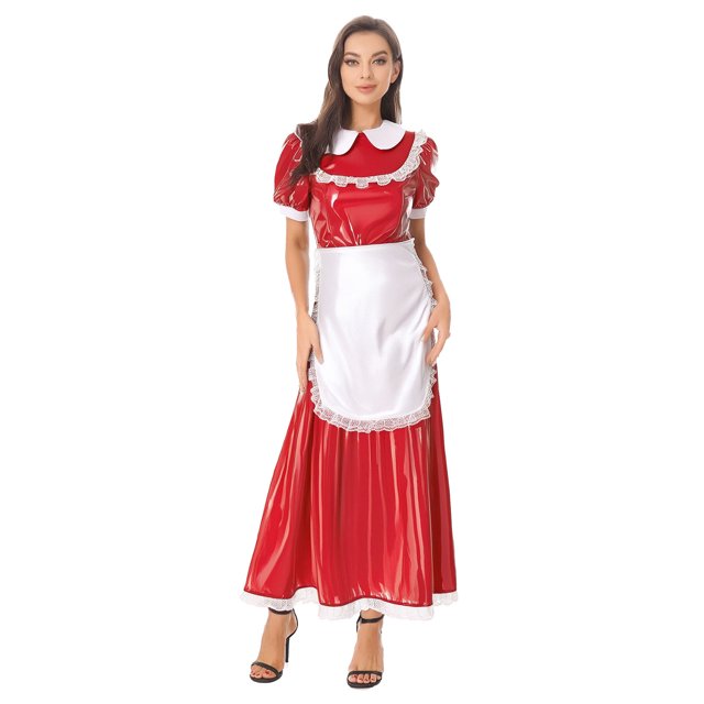 Kaerm Costume de Servante Française pour Femmes avec Tablier, Col à Revers en Satin, Bordure en Dentelle, Manches Courtes, Style Mouillé, Robe Maxi Rouge TG
