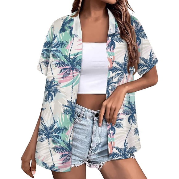 Women Shirts Clearance Items Women's Linen Shirt Women's Shirt Soft Cool Summer Shirt Floral Tropical Print V Neck T Shirt Short Sleeve Button Lapel Top