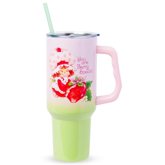 Silver Buffalo Strawberry Shortcake You Are Berry Special Vintage Pink and Green Ombre Double Walled Stainless Steel Tumbler with Handle and Straw, Fits in Standard Cup