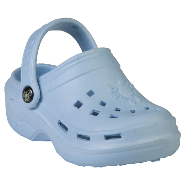 Kid's Beach Dawgs - Baby Blue 13, lightweight and ultra-soft kids' sandals designed for comfort and play. Features adjustable straps, a massaging footbed, and non-marking soles. The baby blue color and perforated design ensure breathability, easy cleaning, and all-day wear.