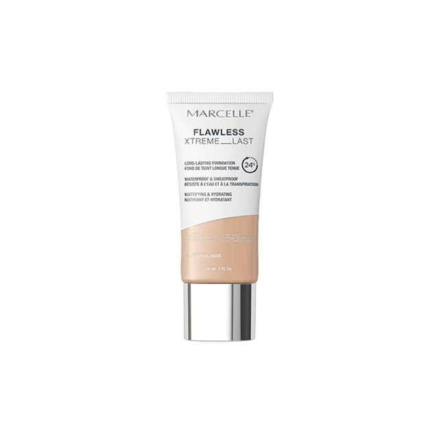 Marcelle Flawless Xtreme Last Long-Lasting Foundation in a 30 ml tube with white and natural beige packaging, featuring 24-hour waterproof, sweatproof, mattifying, and hydrating liquid foundation that reduces pores and is suitable for sensitive skin.