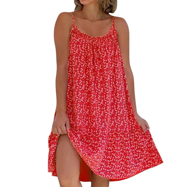 Kcodviy Robe d'Été Décontractée à Fleurs pour Femme, Coupe Ajustée, Col, Ourlet à Volants, Bretelles Spaghetti, Robe Sans Manches Courte, Robe d'Été Longueur Genou, Robe de Plage
