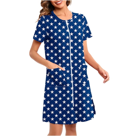 Sakmal Full Zip Womens Moomoo Nightgowns with Pockets House Dress Blue Starts Short Sleeve Nightgowns