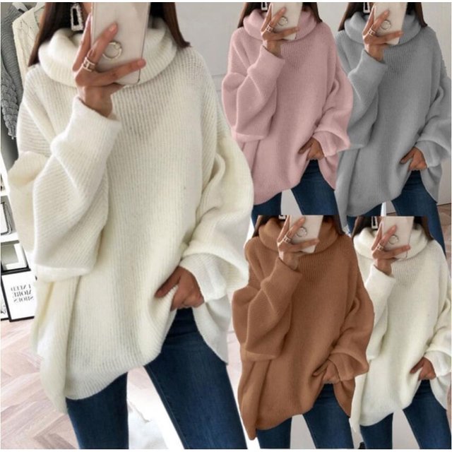 Tralilbee Ladies Sweater Knit Pullover Loose Blouse High Neck Plus Size Sweater