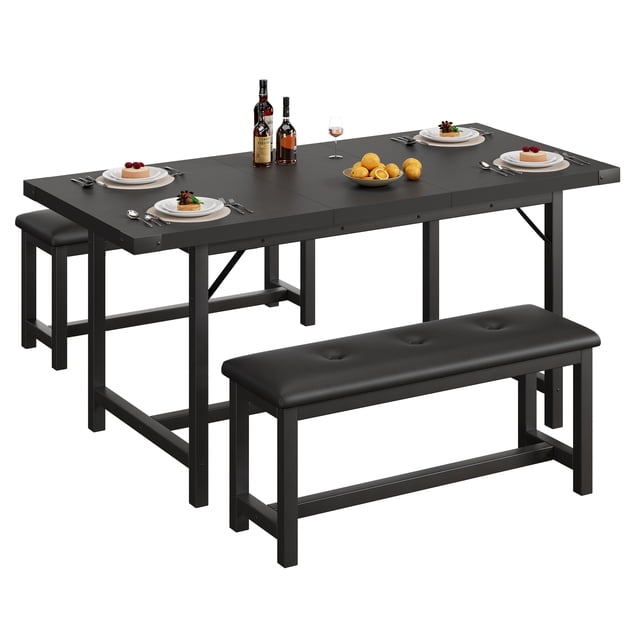 MIUUKA Extendable Dining Table Set for 4-6,Space-Saving Rectangle Kitchen Table with 2 Upholstered Benches,Sturdy Metal Frame, Ideal for Apartment, Dining Room, Small Spaces,Black